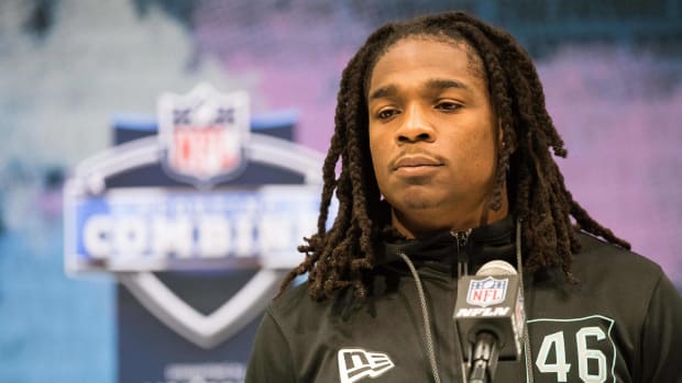 Feb 28, 2020; Indianapolis, Indiana, USA; Lenoir-Rhyne defensive back Kyle Dugger (DB46) speaks to the media during the 2020 NFL Combine in the Indianapolis Convention Center.